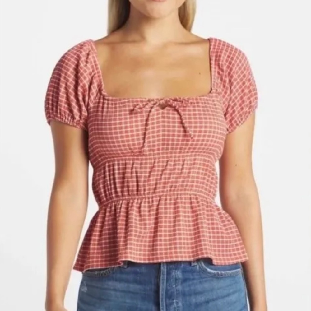 NWT Madewell Omaha Top puffed sleeve tiered peplum silhouette XS plaid Orange